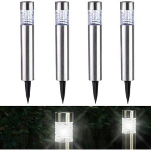 Cheqo® LED RVS Grondspot - Waterdicht - Buitenverlichting - Buitenlamp - Padverlichting - Solar Tuinspot - Tuinverlichting met Zonnepaneel - Solarlamp - ø6cm - 39cm - 4 Stuks