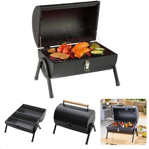 Cheqo® Houtskoolbarbecue - BBQ - Cilinderbarbecue - Tafel BBQ - Barbecue Cilindervorm - Tafelmodel - Mat Zwart - 2-zijdig Gebruik - 2 Rekken/Platen - 17 cm Grillhoogte - Metaal - Afsluitbaar Deksel - Compact - 41 x 26 x h36 cm - Ook voor Camping