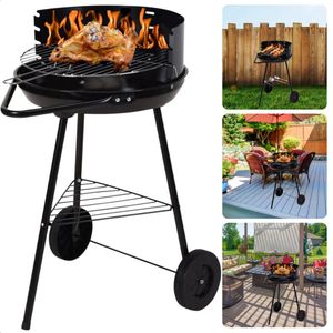 Cheqo® Verrijdbare Houtskoolbarbecue - BBQ met Windscherm - Houtskool BBQ - 70cm Hoogte - 38cm Diameter Grilrooster - 43cm Diameter Barbecue - Met Windscherm