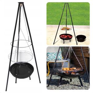 Cheqo® Vuurschaal Hangend met Grilrooster - Driepoot Model - Staal - 52cm Diameter - Grillplaat - 151cm Hoogte - Met Ketting & Grillplaat