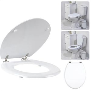 Cheqo® Toiletbril MDF - WC Bril - Hout - Wit 42.5 x 37 cm - 18 inch - Verbinding van RVS - Gewicht 3.1 kg - Incl. Montagemateriaal