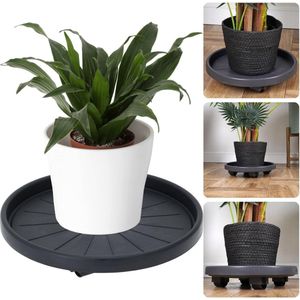 Sterke Plantentrolley - Ø30 cm - 50 kg Draagvermogen - Met Zwenkwielen en Rem - Plantenroller - Planten Trolley op Wieltjes - Plantenonderzetter - Kunststof - Zwart - Sfeervol Design