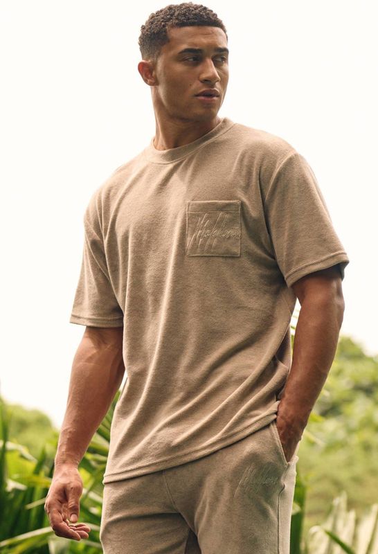 Malelions T-shirt Taupe met Ronde Hals en Korte Mouwen