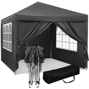 BukkitBow - Partytent met Zijwanden – Opvouwbare Tent – Waterdicht en Weersbestendig – Tuinpaviljoen - 300 x 300 cm – Antraciet Grijs