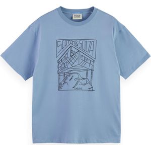 Scotch And Soda - T-shirt Print - Lichtblauw - Regular-fit - Biologisch Katoen