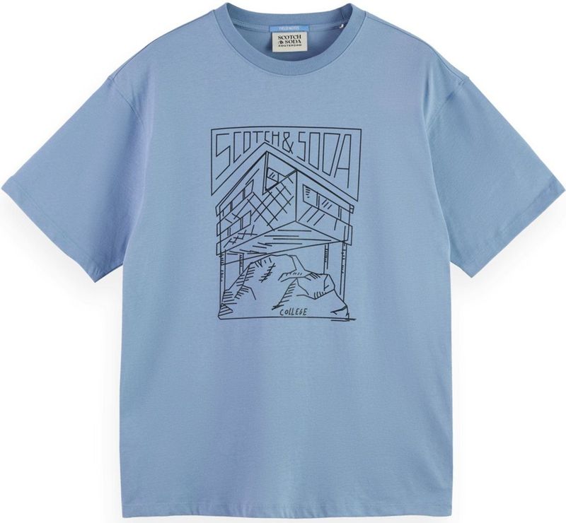 Scotch And Soda - T-shirt Print - Lichtblauw - Regular-fit - Biologisch Katoen