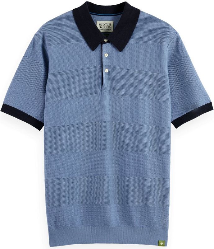 Scotch And Soda - Knitted Polo Structure - Blauw - Heren Poloshirt