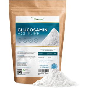 Glucosamine HCL Puur - 1000 g (1kg) - 666 porties - puur poeder zonder toevoegingen - Van plantaardige fermentatie - Veganistisch - Hoog gedoseerd - Vit4ever