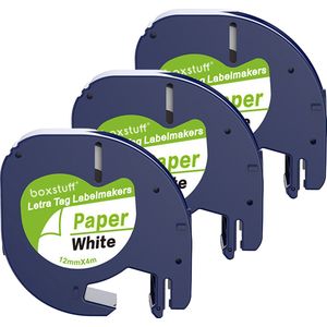 Boxstuff - Dymo LetraTag 91200 - S0721510 - Label Tape - Zwart op Wit papier - 12 mm x 4 m - 3 Stuks