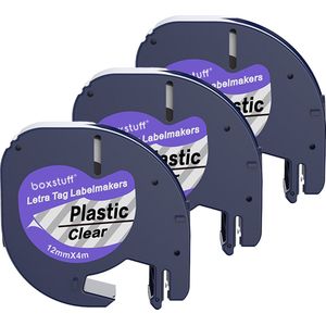Boxstuff - Dymo LetraTag 12267 - S0721530 - Label Tape - Zwart op Transparant plastic - 12 mm x 4 m - 3 Stuks