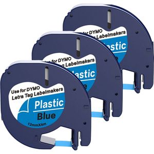 Boxstuff - Dymo LetraTag 91205 - S0721650 - Label Tape - Zwart op Blauw plastic - 12 mm x 4 m - 3 Stuks