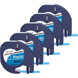 Boxstuff - Dymo LetraTag 91205 - S0721650 - Label Tape - Zwart op Blauw plastic - 12 mm x 4 m - 5 Stuks