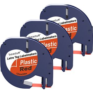 Boxstuff - Dymo LetraTag 91203 - S0721630 - Label Tape - Zwart op Rood plastic - 12 mm x 4 m - 3 Stuks