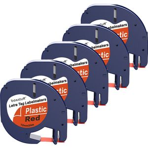 Boxstuff - Dymo LetraTag 91203 - S0721630 - Label Tape - Zwart op Rood plastic - 12 mm x 4 m - 5 Stuks