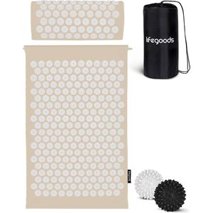 LifeGoods Acupressuur Mat met Kussen - Shakti mat - Spijkermat Incl. 2x Triggerpoint Bal - 66x40x2cm - Beige/Wit