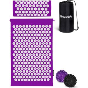 LifeGoods Acupressuur Mat met Kussen - Shakti mat - Spijkermat Incl. 2x Triggerpoint Bal - 66x40x2cm - Paars/Wit
