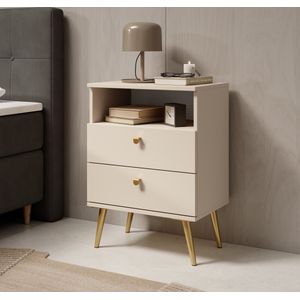 Meubella - Nachtkastje Hidde - Beige - 2 Lades - Goudkleurige Knop
