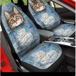 Stoelhoezen auto - Universeel - Stoelhoes voor in de auto - stoelovertrek - kat - poes - jeans
