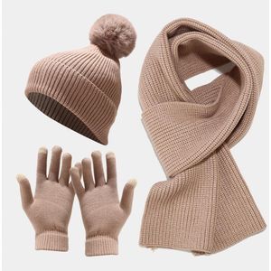 Gebreide Winterset Dames sjaal, muts, handschoenen - Oud Roze/Kaki