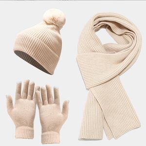 Gebreide Winterset Dames sjaal, muts, handschoenen - Lichtroze/Beige