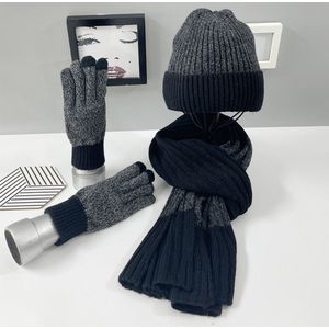 Gebreide winterset heren sjaal, muts, handschoenen - Zwart