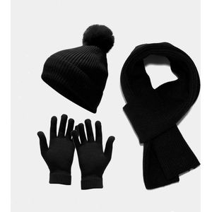 Gebreide Winterset Dames sjaal, muts, handschoenen - Zwart