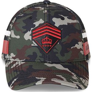 Hassing1894 model TX ARMY - cap – military trucker cap – groene camouflage militaire all over print met red-black-and-white brand flavors – urban cap – baseball cap – custom made- soft mesh �– 95% transparante klep - verstelbare pet – robuust - stoer
