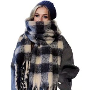 Vrouwen Gingham Patroon - Winter Warme Sjaal met Kwastjes - Grote Maat - Winddicht - Zachte Sjaa
