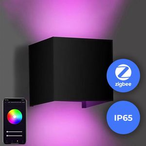 FONKEL® Qube Zigbee Kubus Smart Wandlamp Binnen & Buiten Zwart IP65 Waterdicht - Smart Lamp - Multicolor Sfeerverlichting LED RGBW 6 Watt 230V – Wandverlichting voor Binnen - Muurlamp Woonkamer of Slaapkamer
