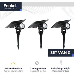 FONKEL® Set 3x LED Tuinspots voor Buiten Waterdicht IP65 Zwart - Solar Tuinverlichting Zonne Energie - Prikspots Buiten Warm Sfeerlicht 5 Watt - Met Aan- en Uitschakelaar - Verlichting Buiten