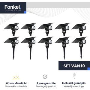 FONKEL® Set 10x LED Tuinspots voor Buiten Waterdicht IP65 Zwart - Solar Tuinverlichting Zonne Energie - Prikspots Buiten Warm Sfeerlicht 5 Watt - Met Aan- en Uitschakelaar - Verlichting Buiten