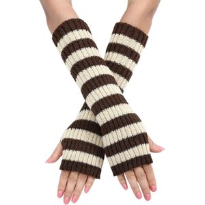 Lange polswarmers Bruin/Beige gestreept - Vingerloze handschoenen dames - Gothic Armwarmers