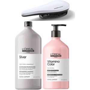 L’Oréal Professionnel - 1L + 750ML - Silver Shampoo + Vitamino Colour Conditioner + KG Ontwarborstel - Voor Wit En Grijs Haar