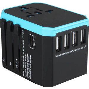 EasyFinds Universele Wereldstekker met USB-C en 4 USB poorten | Internationale Reisstekker voor 160+ landen | Amerika (USA) | Engeland (UK) | Australië | Azië | Zuid Amerika | Afrika | Wereldstekkers - Blauw