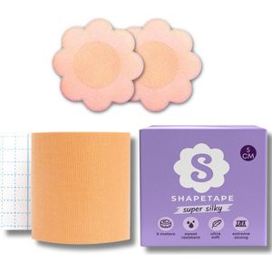 Shapetape Boob Tape met Nipple covers - Boob Tape (5 cm breed) - 5 meter lang - Huidskleur - Boobtape - BH Tape - Plak BH - Tepelstickers - Tepelcovers - Borst tape - tepelplakkers - bh accessoires