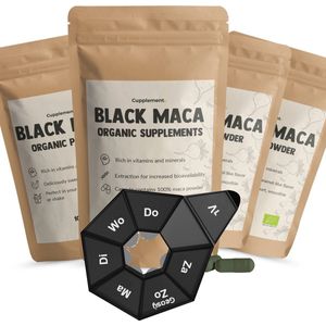 Cupplement - 4 Zakken Zwarte Maca Capsules - Gratis Pillendoos - 100 Capsules - Biologisch - 500 MG Per Capsule - Black Maca - Geen Poeder - Testosteron - Tabletten - Superfood