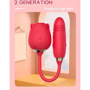 Vibrator 3 in 1 Uzzy M.F - Roos – Zuigt en Stotend - Clitoris en G-Spot Stimulatie - 10 Vibratie Standen – Rode Siliconen Vibrator - Clitoris Stimulator – Intense Sex Orgasme – Dildo – Suction Seksspeeltjes – Voor haar - Voor hem