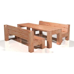 TUINSET VAN DOUGLAS HOUT-EINDHOVEN250 Bezoek 4BUITEN.COM Tuinset van 1 tuintafel en 2 tuinbanken met rugleuning die zich kenmerkt door zijn brede planken. Gemaakt van geschaafd Douglas hout en volledig afgewerkt met een UV absorberende beits