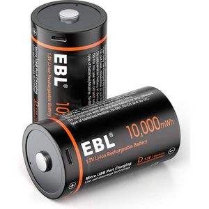 EBL 2-Pack Oplaadbare Batterijen D-Cell - Rechargeable 10.000 mWH AA Batterij met 2in1 Oplaadkabel - Lithium Micro USB Batterijen