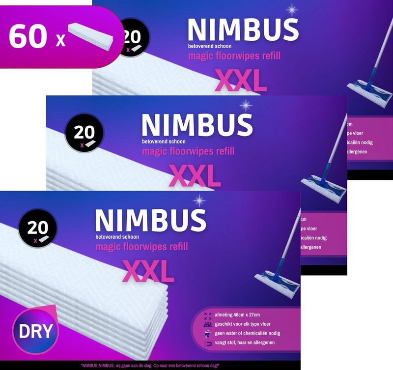 NIMBUS Magic Floorwipes Refill XXL (60x) - Droge Vloerdoekjes 46cm x 27cm - Geschikt voor Swiffer