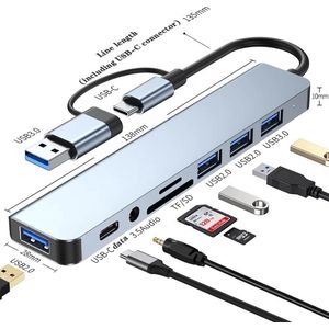 Royal Empire 8 in 1 USB Hub - USB Splitter 2.0/3.0 - USB C Type - Micro TF/SD Kaartlezer - Audio - Geschikt voor Mobiel - Laptop/PC - Geschikt voor Macbook / Windows - Micro-SD - Docking Station - adapter splitter - Grijs