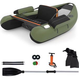Trendmix Opblaasbare Lichtgewicht Belly Boat Groen 136 x 105 x 53 cm - Bellyboat 160 kg Draagvermogen - Inclusief Peddel en Flippers