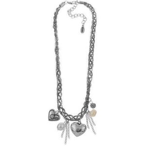 Behave Korte ketting metaal 40cm lengte met hartvorm bedels en parels, strassbol