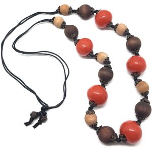 Behave Lange kralen ketting - bruin - oranje - houten kralen - acryl 85 cm