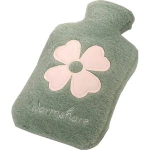 Kruik met Hoes - Warmwaterkruik 1 Liter - Super Zacht - Groen met Bloem - Tot 6 uur Lang Warm - Kruikzak - IXEN