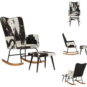 vidaXL Schommelstoel Echt Leer - Relaxstoel met Voetenbank - Zwart - 56 x 74 x 93 cm (B x D x H) - Stabiele Poten - Optimaal Zitcomfort - Schommelstoel