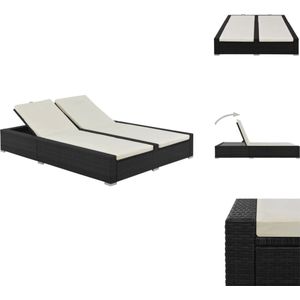 vidaXL Dubbel Zonnebed - Poly Rattan - Zwart - 202x145x80 cm - Verstelbare Rugleuning - Inclusief 2 Kussens - Ligbed