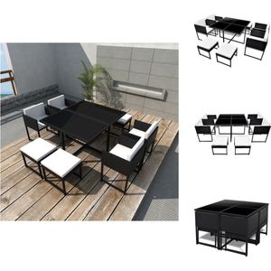 vidaXL Rattan Tuinmeubelset - 1 Tafel + 4 Stoelen + 4 Krukken - Zwart - 109 x 109 x 72 cm - Weerbestendige PE Rattan - Gehard glazen tafelblad - 100% polyester kussens - Eenvoudig te monteren - Tuinset