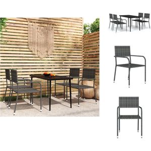 vidaXL Tuinset - zwarte buiteneetset met 1 tafel en 4 stapelbare grijze stoelen - PE-rattan en gepoedercoat staal - 140 x 70 x 74 cm (L x B x H) - Tuinset