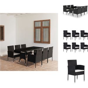 vidaXL Poly Rattan Tuinset - 170x80x74 cm - Zwart - Glas tafelblad - 6 stoelen - Crèmewit kussen - Tuinset